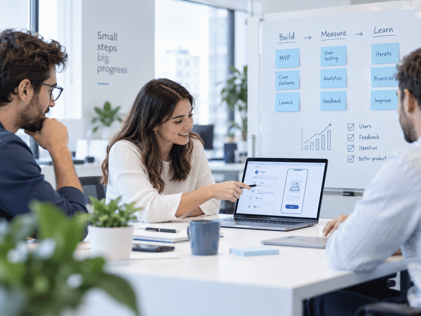 Equipo trabajando en un Producto Mínimo Viable con el ciclo construir, medir y aprender