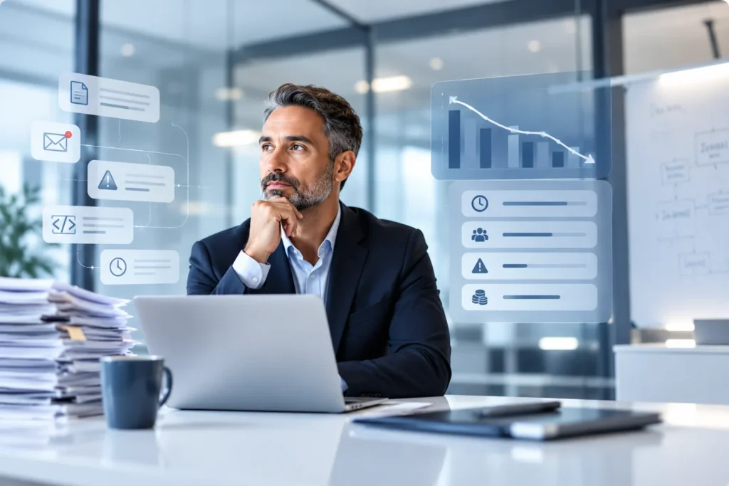Responsable analizando datos e indicadores para tomar decisiones con apoyo de inteligencia artificial