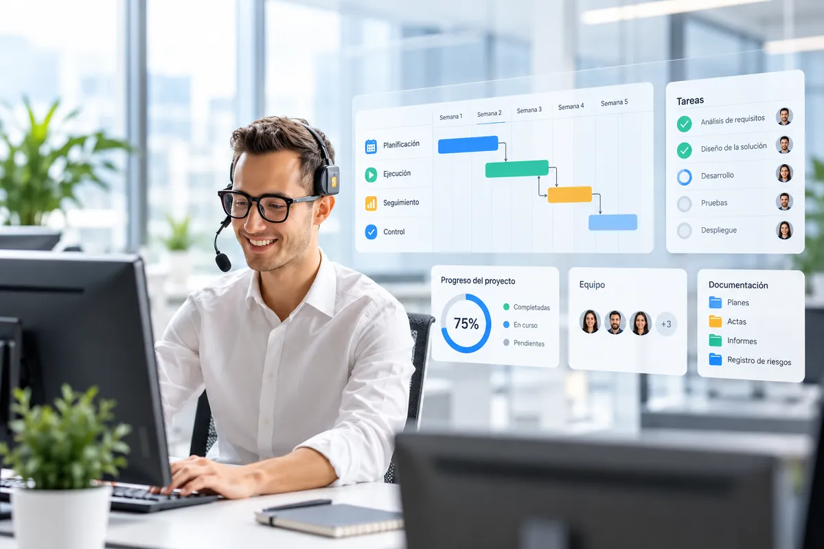Project manager usando herramientas de seguimiento con diagrama de Gantt, tareas y progreso del proyecto